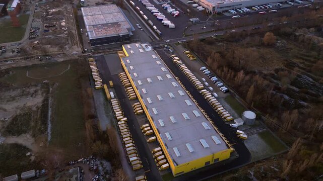 DHL Deutsche Post logistics center berlin city. Nice aerial view drone
