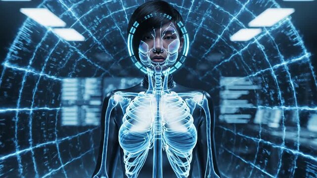 Woman in futuristic suit and digital display technology concept