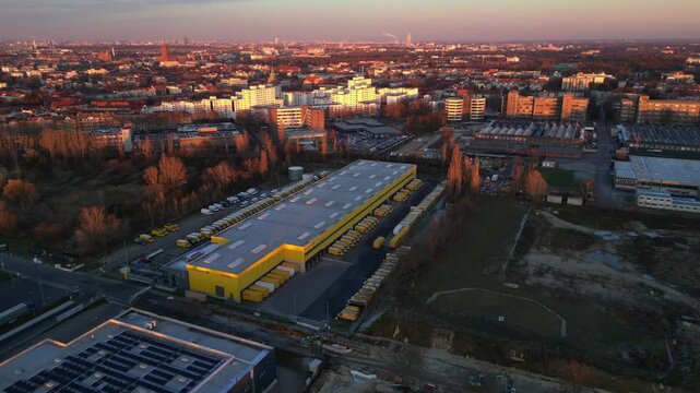 DHL Deutsche Post logistics center berlin city. Majestic aerial view drone