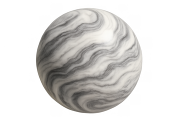 Gray and white marble sphere displaying elegant swirling patterns, a polished textured orb with transparent background