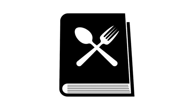 Vector illustration of black and white icon of a cookbook with crossed spoon and fork symbol isolated on transparent background