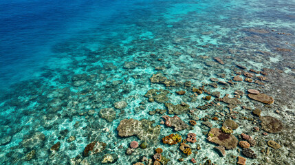 Fototapeta premium Island shoreline with crystal clear water and colorful coral visible below aerial shot