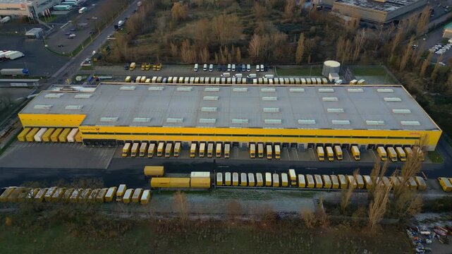 DHL Deutsche Post logistics center berlin city. Lovely aerial view drone