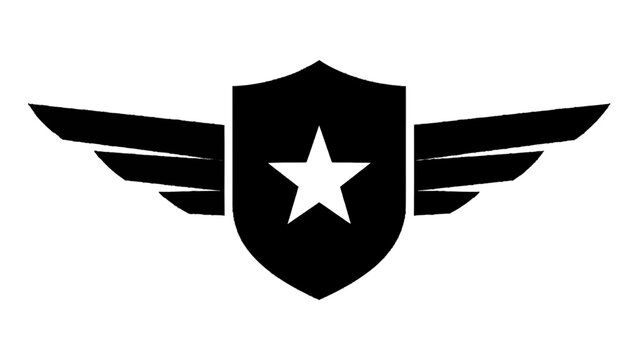 Vector illustration of black silhouette of a shield with a star and wings emblem isolated on transparent background