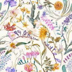 A floral seamless pattern with watercolor garden flowers. Seamless wallpaper with daffodils, hyacinths, freesia, and tulips.