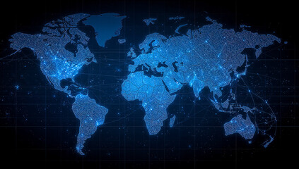 Blue digital world map with glowing data points