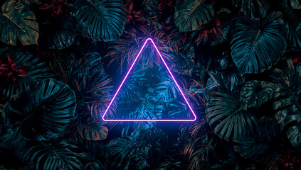 Blue pink and yellow neon triangle over colorful jungle