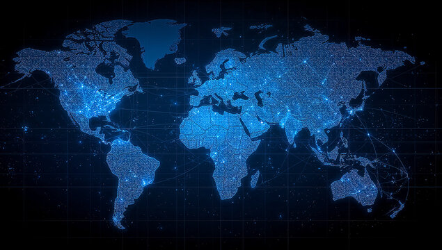 Blue digital world map with glowing data points - Powered by Adobe