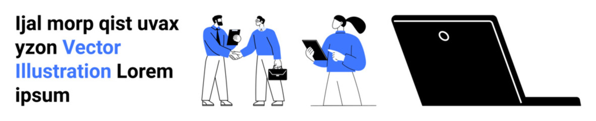 Business partnerships, digital collaboration, online communication, technology, networking, professional settings. Two professionals shaking hands, a woman with a document, an angled laptop view