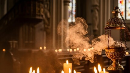 Incense burner in a church with candles and smoke. Religious ceremony or spiritual ritual background for Christmas or Easter. Epiphany concept