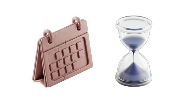 3D Rendering of a Pink Desk Calendar and a Blue Sand Timer Against a Transparent Background Representing Time Management and Scheduling Concepts