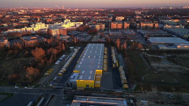 DHL Deutsche Post logistics center berlin city. Unique aerial view drone