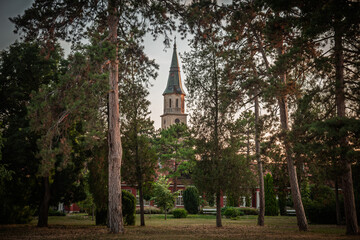Naklejka premium Through park trees, the Church of the Nativity of Saint John the Baptist in Ecka Serbia rises with a tall spire. The quiet greenery frames a landmark of Catholic worship in Vojvodina.