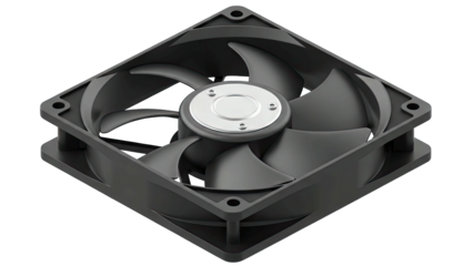 Black Computer Cooling Fan With Silver Center Hub And Transparent Background For Pc Components And Technology Concepts