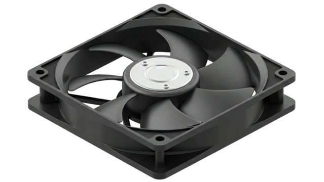 Black Computer Cooling Fan With Silver Center Hub And Transparent Background For Pc Components And Technology Concepts