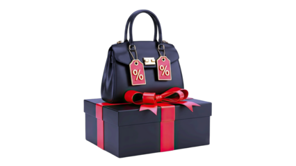 Black Leather Handbag with Gold Accents and Sale Tags Placed on a Black Gift Box with Red Ribbon Isolated on a Transparent Background