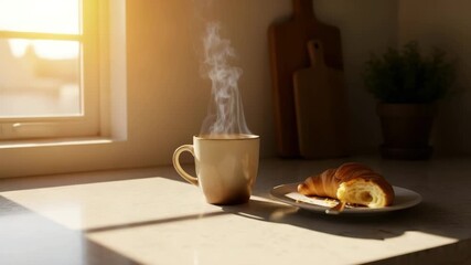 Morning bliss a cup of coffee and a croissant by the window in warm sunlight - Powered by Adobe
