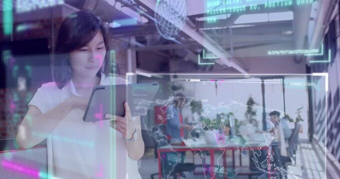 Female team lead tapping tablet, initiating holo UI map in tech office, reviewing global data