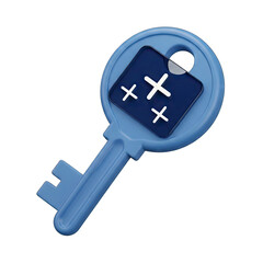 Obraz premium Blue Key with Crosses Symbol Isolated on White Background Digital Art Concept for Access Security and Solutions