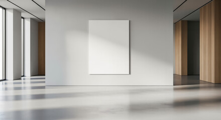 Modern gallery interior with natural window light and shadows, blank poster frame mockup on white wall