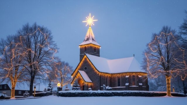 Church covered in snow and Christmas lights with nativity star on steeple. Winter holiday scene for Epiphany celebration and seasonal greeting card.