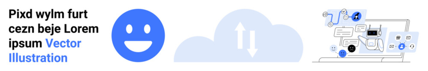 Fototapeta premium Communication, data storage, cloud computing, networking, digital interaction, future technology. Blue happy face, cloud icon with arrows digital interface. Communication and data storage concept