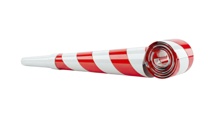 Bright Red and White Striped Party Horn Blowing Noise Isolated on a Clean White Background for Celebrations and Events