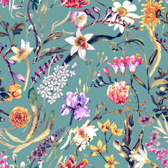 A floral seamless pattern with watercolor garden flowers. Seamless wallpaper with daffodils, hyacinths, freesia, and tulips.