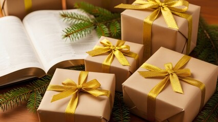 Gift box wrapped with golden ribbon and bible. Christian Epiphany holiday celebration with religious book and present for Three Kings Day.