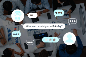 A collaborative business meeting centered on artificial intelligence technology and data analytics, featuring charts, graphs, and dynamic discussions among team members. Gantry