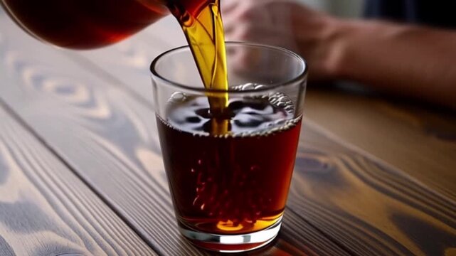 A person serving hot tea in a glass cup on a wooden table