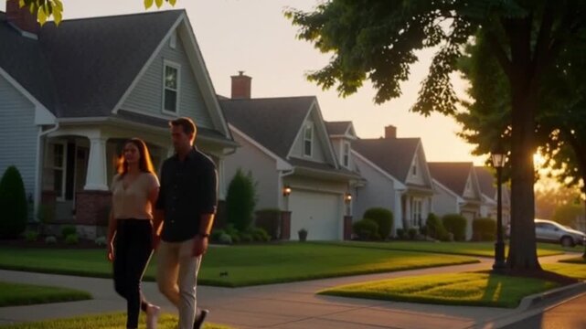A couple walking hand in hand through a quiet residential neighborhood at sunset.