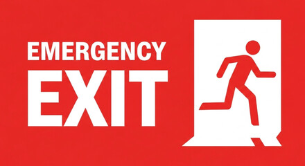 emergency exit sign with white lettering and a running person icon indicating a way out