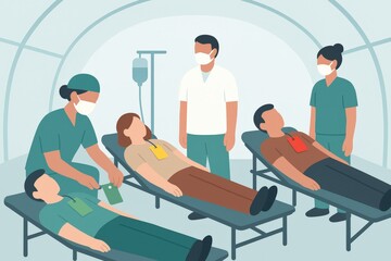 Medical personnel in sterile environment monitoring patients on stretchers with IV therapy in an emergency setting showcasing teamwork and commitment to healthcare excellence
