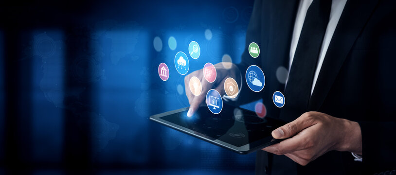 Set of business and digital service icons representing finance, cloud, analytics, email, communication, ecommerce, cybersecurity, and global connectivity in a modern ecosystem Vouch