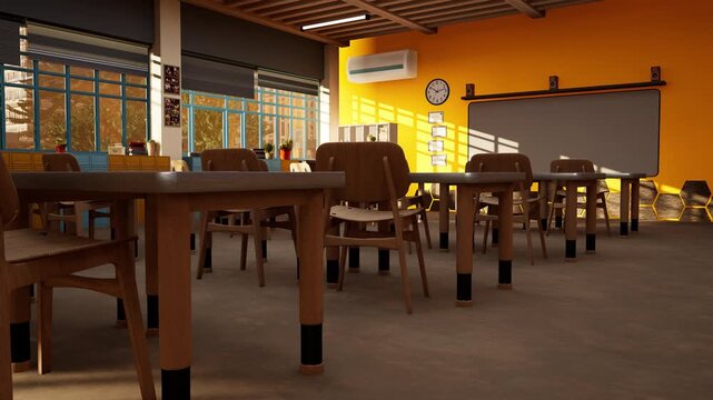 Bright classroom filled with wooden desks in rows inside spacious lecture hall. Natural daylight illuminating clean university class interior ready for upcoming educational session