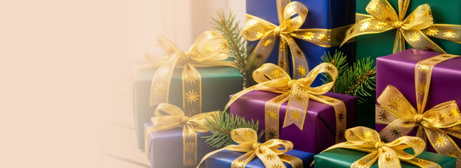 Purple, blue, and green gift box stack with golden ribbon and spruce branch. Epiphany presents for Christmas and winter holiday celebration. Banner with copy space