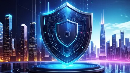 Digital shield protection cybersecurity concept over cityscape backdrop
