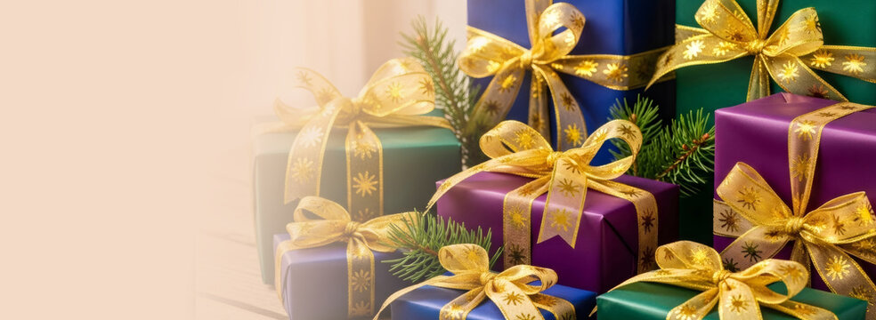 Purple, blue, and green gift box stack with golden ribbon and spruce branch. Epiphany presents for Christmas and winter holiday celebration. Banner with copy space - Powered by Adobe