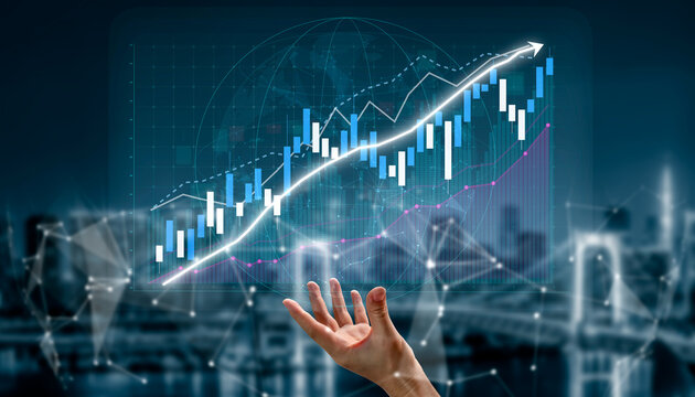 A symbolic representation of business growth with a hand reaching toward an upward financial chart, showcasing technology, analytics, and motivation for success. Impute