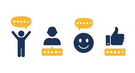 Customer Satisfaction and Feedback Icons Stars, Thumbs Up, Smiley Face, and User Icons Representing Positive Reviews and Ratings