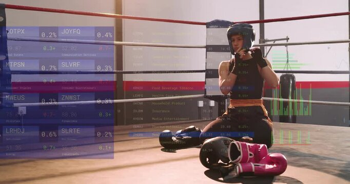 Female boxer taking trainer cue, securing headgear and gloves in training as green charts overlay
