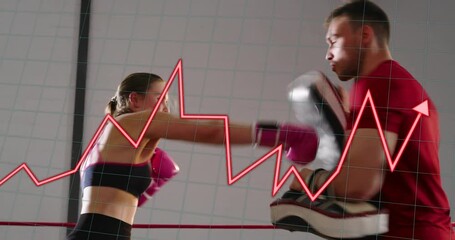Female boxer stepping in and kicking pads, then throwing punches while red chart tracking training - Powered by Adobe