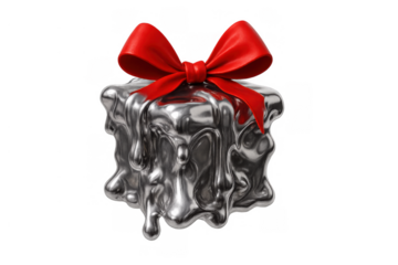 Melting chrome gift box with red bow, liquid metallic present, abstract luxury packaging concept, transparent background