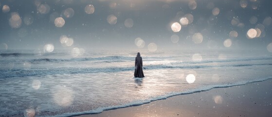 New Year reflections on a misty beach shore