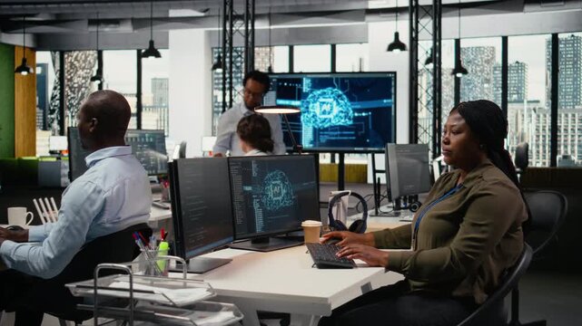 Software developers doing brainstorming in office, using specialized hardware to accelerate complex AI calculations. IT specialist managing systems for deep learning training datasets, camera A