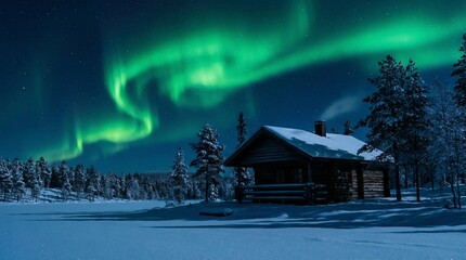 Green Aurora Borealis Northern Lights over snowy log cabin