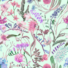 A floral seamless pattern with watercolor garden flowers. Seamless wallpaper with daffodils, hyacinths, freesia, and tulips.
