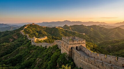 Obraz premium Great Wall of China winding on mountain ridge at sunset
