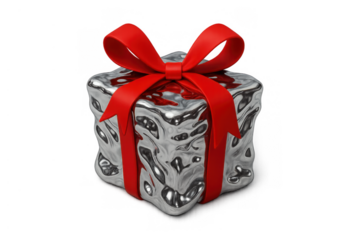 Silver metallic melted gift box tied with a red ribbon and bow. Presenting a unique concept of celebration and gifting